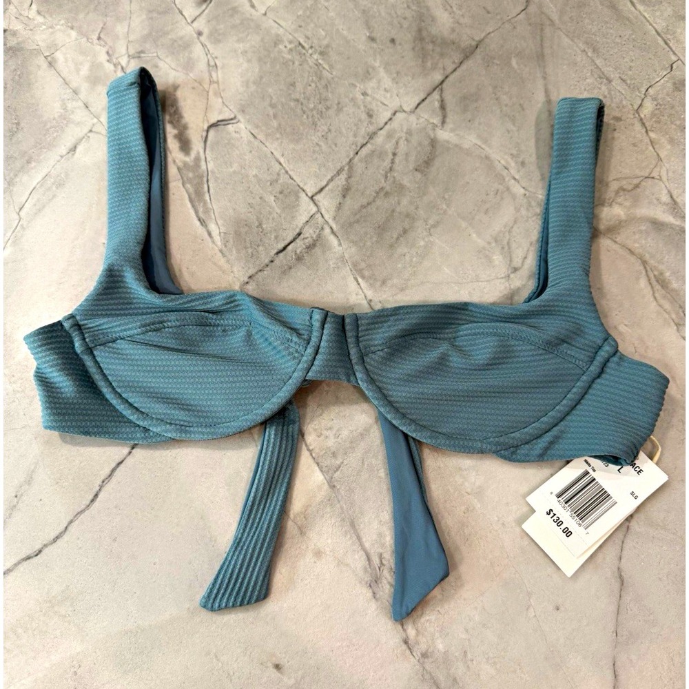 L*Space Nikita Underwire Tie Back Lined Bikini Swim Top Solid Blue Size L
